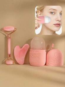 2/3pcs/Set Facial Beauty Gua Sha Massage Ice Mask Tool, Roller Massage Body Scraping Board Pink Tool Massage Tool Set, Body Clearing Facial Beauty Lifting Massage And Face Roller Gua Sha Set - Pink - View 1