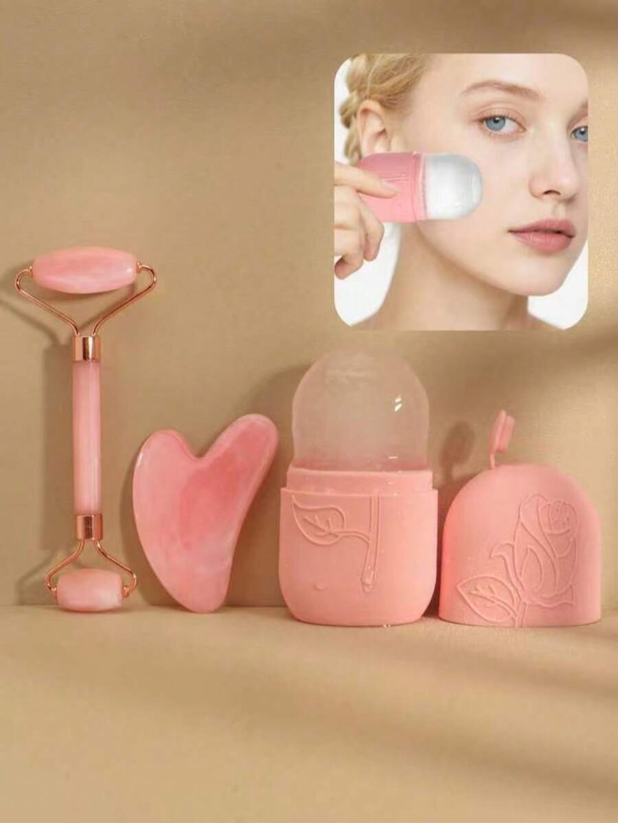 2/3pcs/Set Facial Beauty Gua Sha Massage Ice Mask Tool, Roller Massage Body Scraping Board Pink Tool Massage Tool Set, Body Clearing Facial Beauty Lifting Massage And Face Roller Gua Sha Set - Pink - View 1