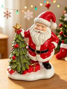 Christmas Resin Santa Figurine With Mini Xmas Tree, Golden Star & Gift Box, Snowy Base Desktop Decor, Ideal Holiday Gift For Home Office Party - View 4
