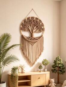 1pc Tree Of Life Macrame Wall Hanging,Chic Handmade Woven Boho Home Decor,Eclectic Wall Decor For Bedroom Apartment Dorm Decoration,Gift For Teen Girl Mom - milk coffee color - View 1
