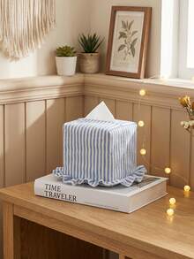 1PC Striped Ruffle Fabric Tissue Box Cover, Washable And Reusable Tissue Holder, Frilly Trim Napkin Dispenser Bag, Dustproof Storage For Bedroom Bathroom Car Desk And Cottagecore Home Decor - Multicolor - View 7