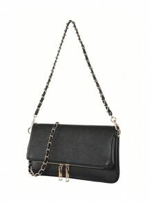 Black Flap Chain Shoulder Bag With Double Zipper Design. An Elegant And Simple Shoulder Bag Suitable For Work And Dates. - Black - View 2