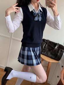 1件組 日系甜美JK制服女款 海軍藍背心＋長袖襯衫＋藍色格紋裙套裝，Y2K校園Cosplay風格，秋季 - 彩色 - 查看 4