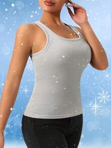 1pc Autumn/Winter Thermal Lined Thick Vest, 2-In-1 Built-In Cup Pad Brushed Ribbed Fitted Camisole - Grey - View 4