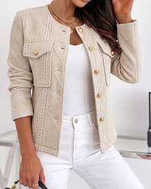 ChicMe Jaket Pendek Wanita Rajut Motif Berlian dengan Kancing Emas, Saku Lipat, Leher Bulat, Pakaian Kasual Elegan untuk Perjalanan ke Kantor - Khaki - View 8