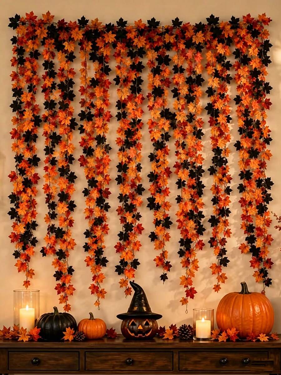 3pcs Artificial Maple Leaf Vines, Suitable For Home Decor, Bedroom And Living Room Decoration, Door Decor, Window Decor, Tabletop, Staircase Decoration, Party Decor, Yard And Garden Decoration, Autumn Decor, Halloween Decor, Gifts - Multicolor - View 1