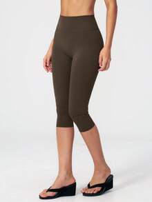 NcmRyu Women's 1pc Solid Color High Waist Tummy Control Butt Lifting Slim Fit Sports Mid-Length Shorts - Coffee Brown - View 8