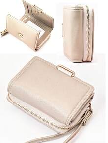 MINGYOU Cartera corta de mano plegable en tres partes, cartera multifunción de PU para mujer con cremallera, monedero de gran capacidad, tarjetero - Beis - Ver 6