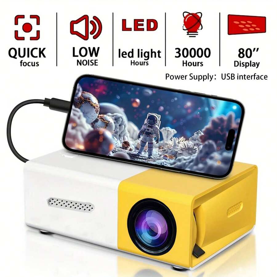 便攜式迷你投影機，內建喇叭與遙控器，相容 iOS、Android、Windows 及 PS/4 系統，適用電影與遊戲，USB 家用劇院投影機