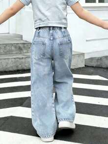 Cute Pattern Series _ Children's Wide Leg Jeans - Y2K Cute Hello Kitty With Flowers And Stars Pattern Street Jeans _ Children's Casual Pants _ - Light Wash - View 4