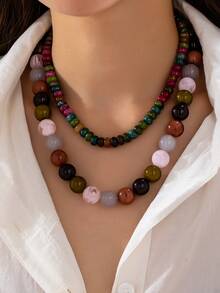 1/2Pcs Multi Beaded Necklace For Women, Semi Precious Stone & Acrylic Bead Strand Choker, Vintage Statement Jewelry For Daily(Random Color) - Multicolor - View 7
