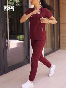 ROSIE POPHUB Women 2Pcs Wine Red V Neck Short Sleeve Scrub Top & Jogger Pants Set Multi Pockets Work Uniform Outfit For Nurse Healthcare - Burgundy - View 8