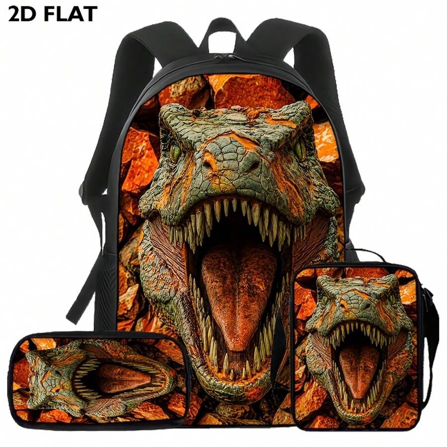 3-teiliger Dinosaurier-Rucksack mit Federmäppchen - Schulrucksack mit großem Fassungsvermögen, verstellbarem Laptopfach, Reißverschluss, leichtem Design, geeignet für den täglichen Arbeitsweg und die Freizeitnu - 3-teiliges Set - Übersicht 1