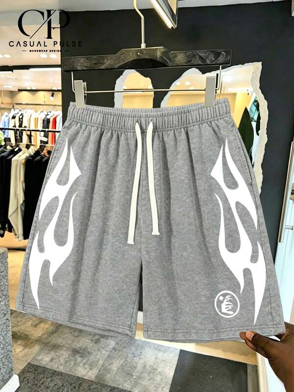 Shorts de algodón unisex gris vintage lavado con estampado gráfico de llama, ajuste holgado, cordón ajustable con bolsillos, casual, deportivo, para entrenamiento, verano y streetwear