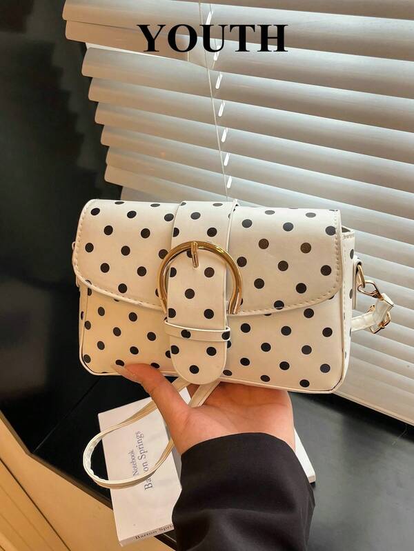 Fashion Mini Polka Dot Print Flap Shoulder Bag, Classic Versatile Metal Buckle Square Crossbody Bag For Women, Suitable For Shopping, Wallet, Young Women, College Students, Newcomers, Office Workers. Perfect For Office, University, Work, Business, Commuting, Outdoor Activities, Travel And Outings