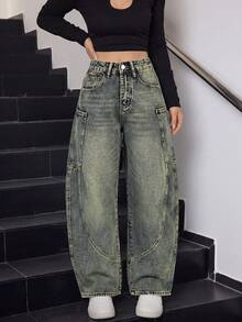 Celana Jeans Wanita Kasual Model Lurus dengan Warna Pudar, Celana Panjang Longgar Gaya Vintage Tidak Melar, Cocok untuk Dipakai di Musim Gugur - Dusty Blue - View 1