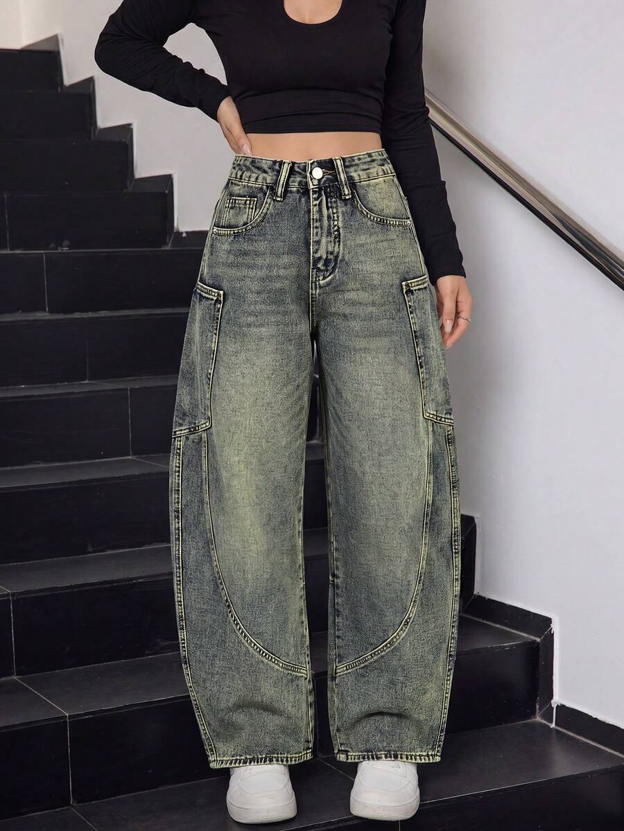 Celana Jeans Wanita Kasual Model Lurus dengan Warna Pudar, Celana Panjang Longgar Gaya Vintage Tidak Melar, Cocok untuk Dipakai di Musim Gugur - Dusty Blue - View 1