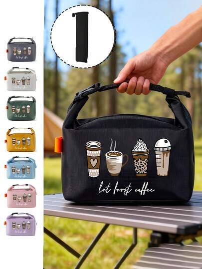 Fashionable And Convenient Insulated Lunch Bag With "4 Cups Of Coffee" Pattern, Foldable Lunch Storage Bag, Large Capacity Minimalist Storage Bag, Essential Picnic Storage Bag, Multi-Functional Storage Bag, Leak-Proof And Scratch-Resistant, Wide Opening For Easy Access, Sturdy Handle, Suitable For Cold And Hot Food Storage, Suitable For Outdoor Camping, Picnic, Kitchen Food Storage, And Work Or School Lunch Storage, Unisex, Perfect Gift For Back To School Season, Easter, Teacher's Day, Multiple Colors Available.