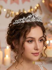1pc Elegant Rhinestone Crown, Silver Crystal Princess Tiara, Bridal Hair Accessory For Wedding, Ball, Party - Silver - View 4