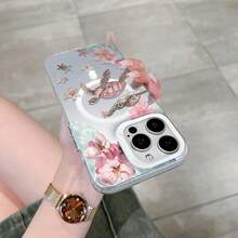 HANCAI 1pc Magnetic Pink Watercolor Turtle Shell Floral Full Coverage Shockproof Phone Case, Gentle Seaside Girl Healing Ins Niche MagSafe Protective Cover, Compatible With IPhone17/17Pro/17ProMax/16/11/16Plus/16ProMax/16e/15ProMax/13/14/12/14ProMax/12ProMax/13ProMax/12Pro/13Pro/14Pro - White Frame, Matte White (with Magnetic Closure) - View 4