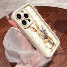 Vintage Floral Lavender Rabbit Phone Case, Cream White Straight Edge Full Coverage Soft Artistic Cartoon Shockproof Shell, Compatible With Apple 13, 15 Pro Max, 11/11 Pro Max/11 Pro/12/12 Pro/12 Pro Max/13/13 Pro/13 Pro Max/14/14 Pro/14 Pro Max/15/15 Pro Max/15 Pro/16/16 Pro/16 Pro Max. - White - View 7
