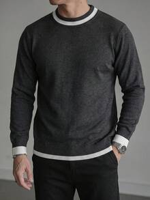 Men's Round Neck Contrast Color Ribbed Trim Knit Sweater, Autumn/Winter Long Sleeve Pullover, Mature Style, Commute Casual Inner Layer/Outerwear Top - Dark Grey - View 6