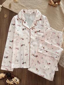 Women's Cartoon Dachshund Print Pajama Set - Long Sleeve Button-Up Top With Pants, Soft And Breathable, Cute Loungewear - White - View 1