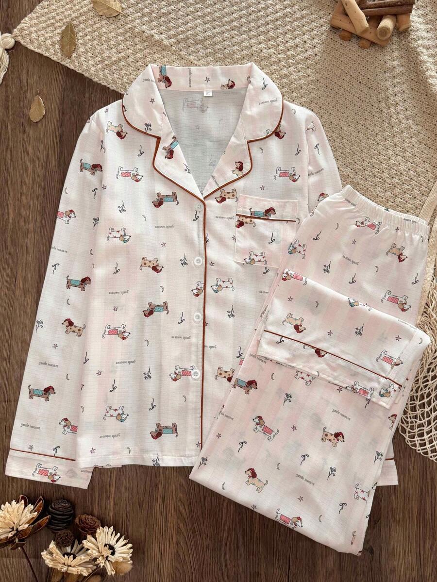 Women's Cartoon Dachshund Print Pajama Set - Long Sleeve Button-Up Top With Pants, Soft And Breathable, Cute Loungewear - White - View 1