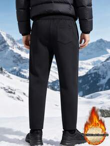 Men's Thick Fleece Ski Pants, Soft And Comfortable, With Zipper Pockets And Drawstring Waist, Suitable For Winter Outdoor Sports, Black - Black - View 3