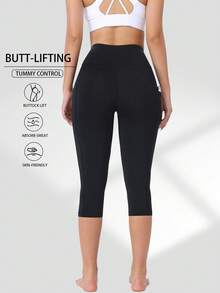 Spring Summer Autumn Women's High Waist Side Pocket Capris, Elastic Sports Leggings For Running And Workout, Leisure Black - Black - View 5