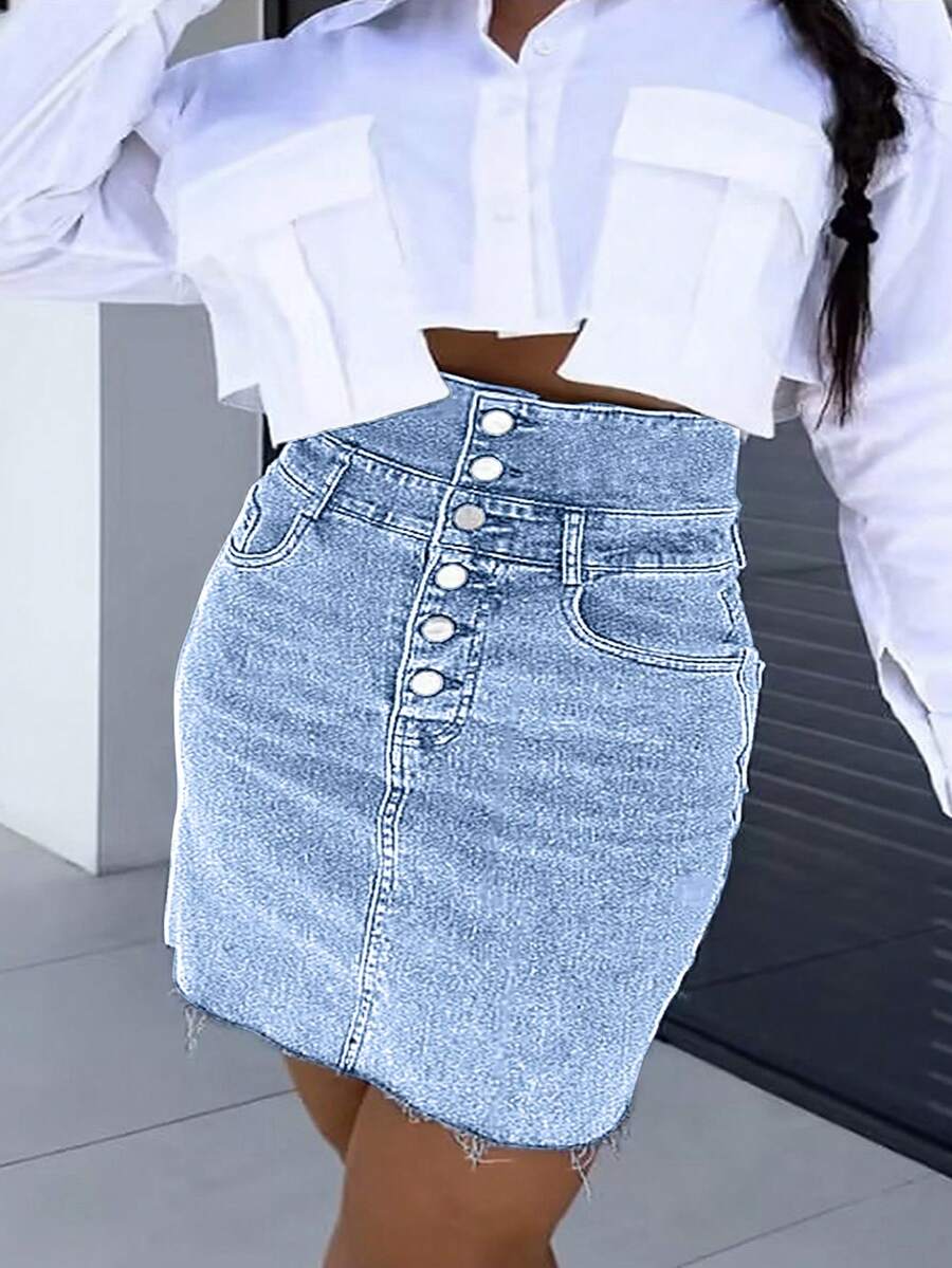 HAPPY GIRL#Plus Size Women's Spring/Summer Fashion Vacation Daily Travel Elastic High Waist Button-Front Denim Skirt - Blue - View 1