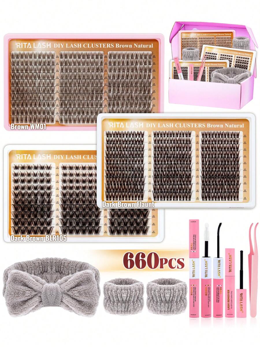 RITALASH 660PCS Dark Brown Segmented Lash Clusters Kit Light Feathery Natural Look Dark Brown Cluster Eyelashes Big Box Set DIY Long-Lasting Lashes (WM01-BLR105-Flaunt) - Brown - View 1