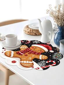 2/4/600pcs Christmas Party Flower-Shaped Placemats - Gingerbread Man With Christmas Hat, Berry Pattern; 13.78 Inch Linen Material; Tabletop Decor Non-Slip, Heat-Resistant And Machine Washable - Multicolor - View 6