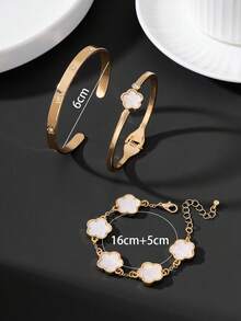 3pcs Luxury Elegant Classic Versatile Summer Vacation Vibe Soft White Clover Women's Bracelet Set - Yellow Gold - View 5