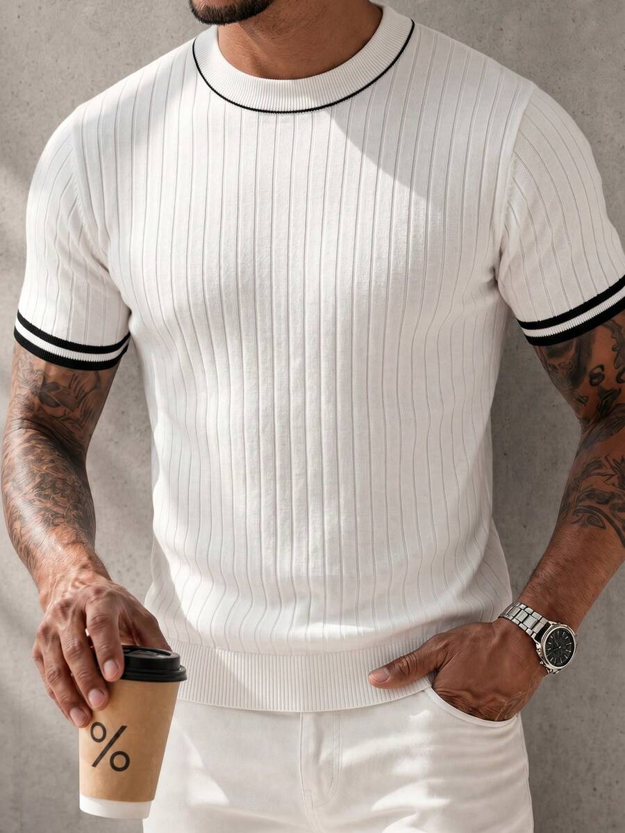 Men's Summer Casual Sports Daily Commute Contrast Striped Binding Ribbed Knit Top - White - View 1