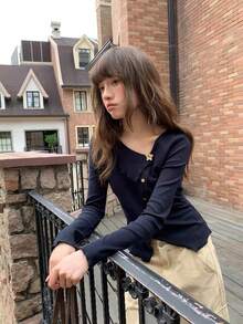 Asymmetrical V-Neck Knit Sweater, Slim Fit Pullover Top For Spring - Royal Blue - View 4