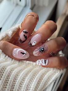 24pcs Short Round Press-On Nails, Colorful Short Nail Tips, Black Spider & Cat Nail Art, Halloween Nails - 彩色 - 查看 1