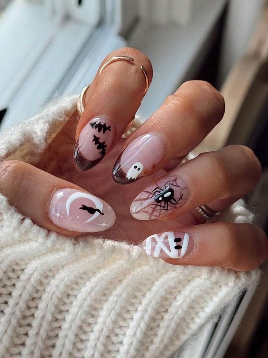24pcs Short Round Press-On Nails, Colorful Short Nail Tips, Black Spider & Cat Nail Art, Halloween Nails - 彩色 - 查看 1