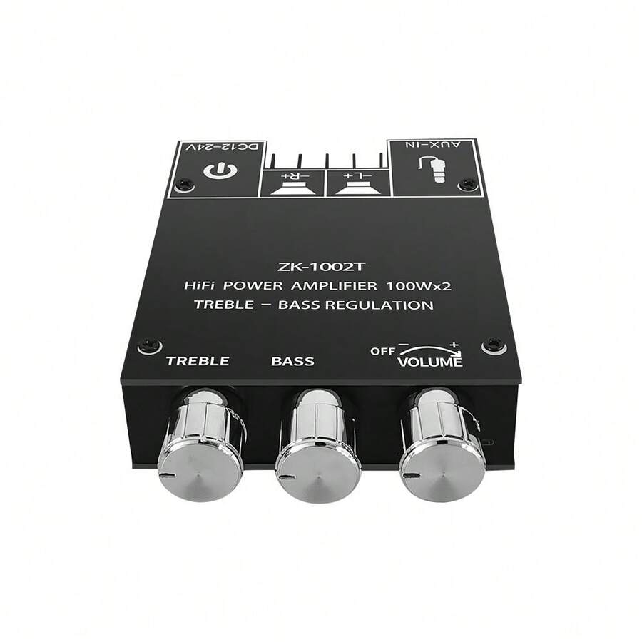 ZK-1002T 藍牙 5.0 立體聲擴大機板，200W HiFi 2.0 聲道迷你音訊擴大模組，附低音與高音調節，AUX 輸入，DC 12V-24V，適用於 DIY 喇叭與家用音響
