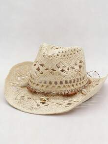 1pc Bohemian Style Solid Color Star Embellished Hollow Out Panama Straw Hat, Casual UV Protection Decorative Sun Hat, Fashionable Versatile, Suitable For Outdoor Activities, All Season - A - View 8