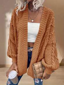 Women's Casual Elegant Cardigan Sweater Short Length Long Sleeve Drop Shoulder Pointelle Woven Fabric Medium Stretch For Fall Winter Everyday Wear - Camel - View 1
