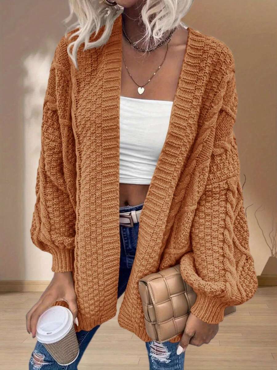 Women's Casual Elegant Cardigan Sweater Short Length Long Sleeve Drop Shoulder Pointelle Woven Fabric Medium Stretch For Fall Winter Everyday Wear - Camel - View 1