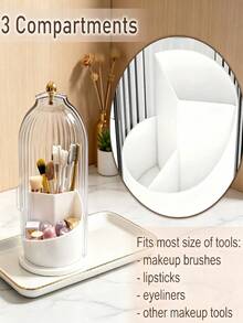 Makeup Brush Storage Rack With Lid | 360° Rotating Dust-Proof ABS Storage Box, 3-Compartment Sliding Cover Toothbrush Holder, Non-Slip Base Design; Multi-Functional Space-Saving Storage Tube, Can Store Makeup Brushes, Toothpaste, Suitable For Vanity, Bathroom, Home, Dorm, Apartment - Multicolor - View 6