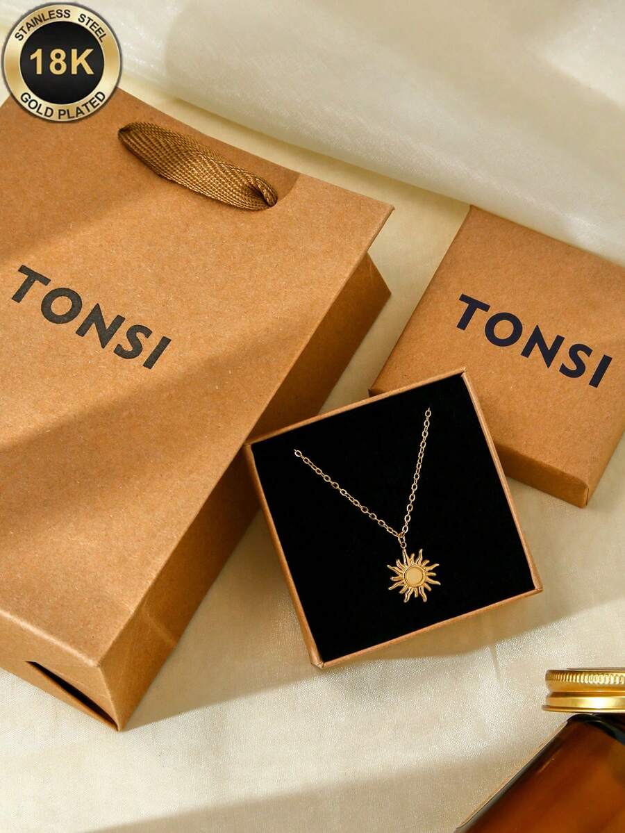 TONSI 1pc Fashionable Personalized Luxury Stainless Steel Sunflower Pendant Necklace, Heart Necklace, Waterproof Sweat-Resistant Non-Fading 18K Gold Plated High-End Elegant Collarbone Chain, Suitable For Women's Daily, Commute, Date Wear, Gift For Friends, Lovers, Mothers, Colleagues, Valentine's Day Gift - Gold - View 1