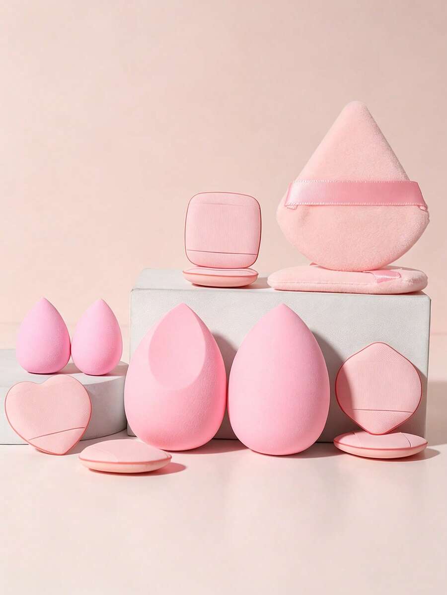 12Pcs Pink Makeup Sponge & Powder Puff Combo Set, Multi-Size Teardrop Blending Sponges, Heart Square Finger Puffs & Triangle Velvet Puffs, Wet Dry Dual Use For Foundation, Concealer & Loose Powder - Multicolor - View 1