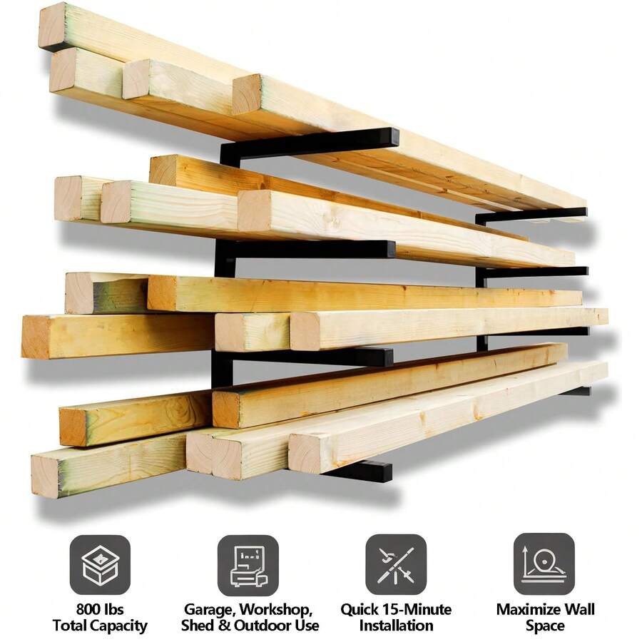 Wood Organizer And Lumber Storage Rack Wall Mount, Heavy Duty Metal Shelf With 4-Level Holds Up 800 LBS, Indoor & Outdoor Use For Shed, Workshop, Garage