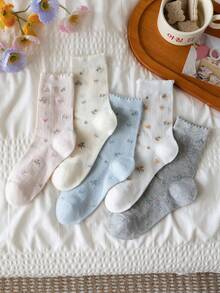5 Pairs Women's Soft Floral Lace Trim Mid-Calf Socks, Spring/Summer Thin Breathable Non-Binding, Random Assorted Colors - Multicolor - View 6