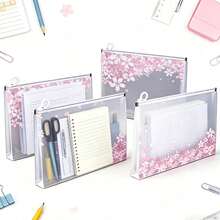 A4 Waterproof Zipper File Bag, Random Color, 4 Transparent Pink Cherry Blossom Patterns, Multi-Functional Portable School Supplies Organizer, Perfect Gift For Teacher's Day, Back To School, Halloween And Christmas,Back To School Season - Multicolor - View 7