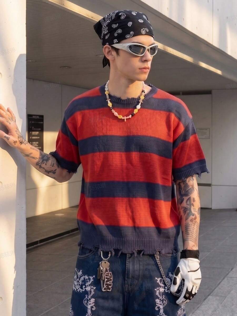 Men's Crew Neck Short Sleeve Knit Loose Fit High Street Niche Design Knit Top Spring Summer - Red - View 1