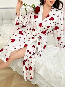 Minimalist Fashion Long Sleeve Heart Pattern Bathrobe, Elegant And Stylish, Suitable For Home Wear, All Seasons, Soft And Skin-Friendly, Perfect For Vacation Or Home Leisure - Multicolor - View 7